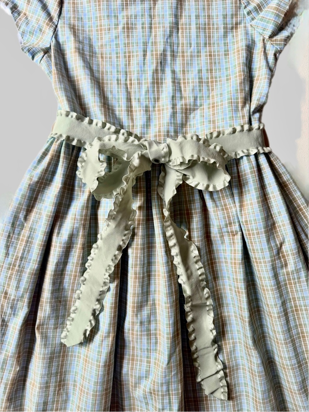 Bailey Boys Size 8 Girls Plaid Dress Sage Green Gold Vintage Prep Ruffled Sash - Picture 8 of 11